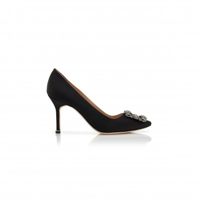 MANOLO BLAHNIK HANGISI 90 BLACK SATIN JEWEL BUCKLE PUMPS 9XX-0663-0040